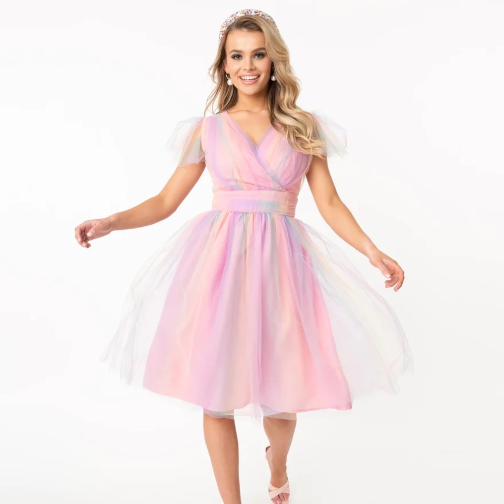 Unique Vintage Magnolia Place Pink Rainbow Tulle Swing Dress